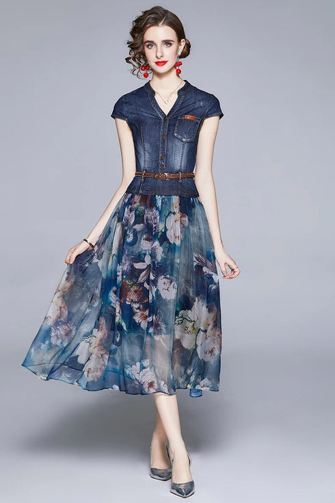 Charming & Vivid High Quality Women Autumn Dress, 2-Piece Set, Belted Denim Top + Chiffon Floral Skirt, Trendy Office & Evening Wear